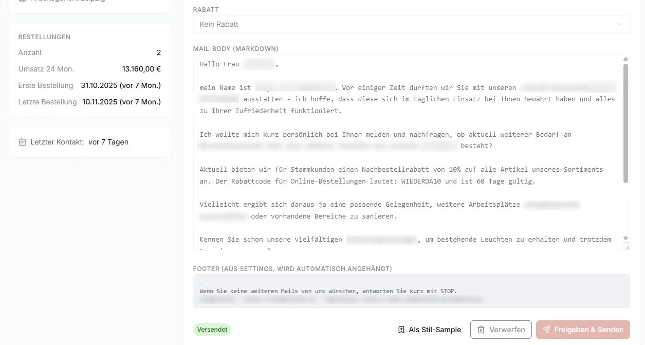 Kundenreaktivierung - tägliche KI-Mail-Entwürfe mit Review-Workflow
