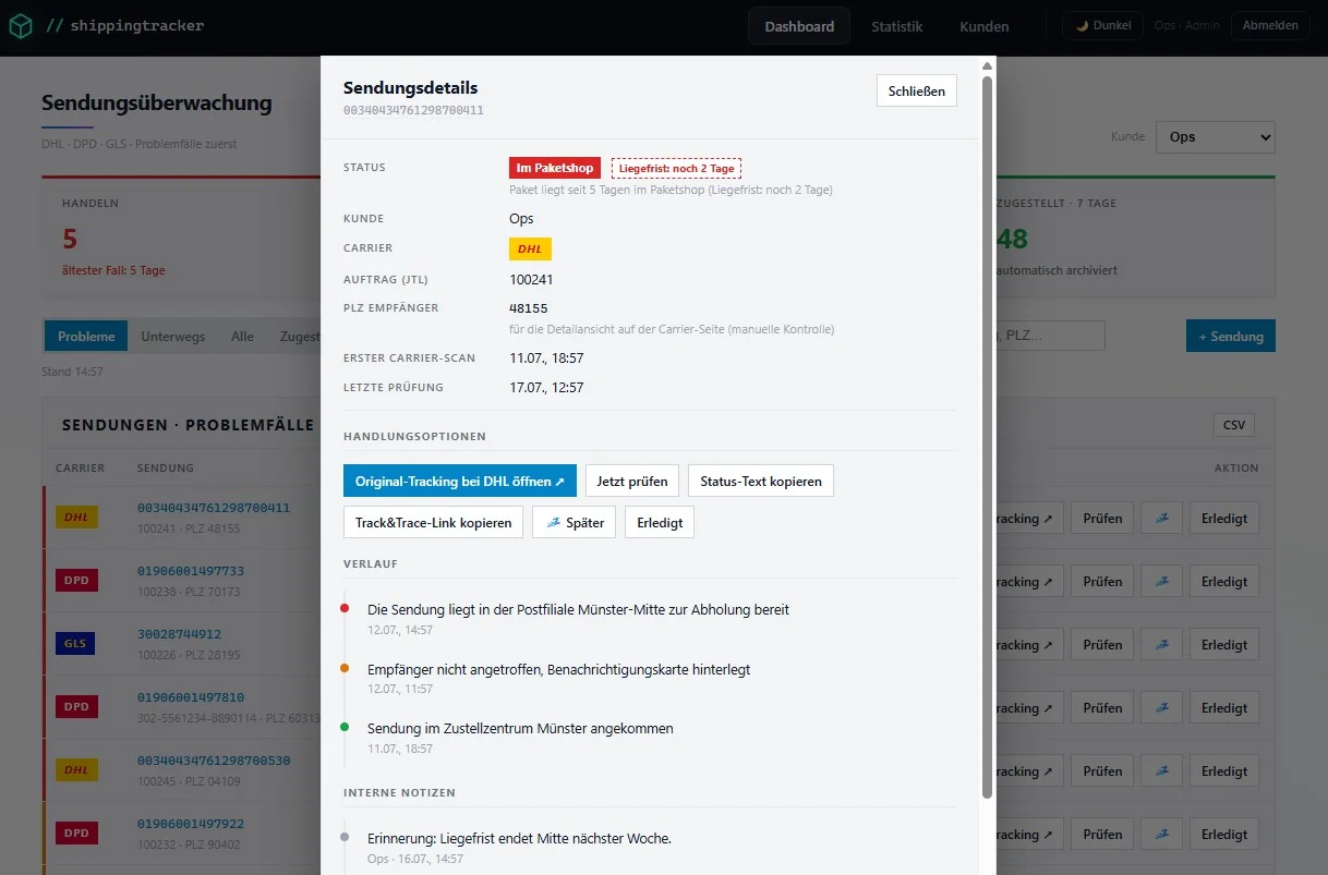 Sendungsdetail: Status, JTL-Auftragsnummer, Carrier-Scans, Ereignis-Verlauf und Handlungsoptionen zu einer einzelnen Sendung